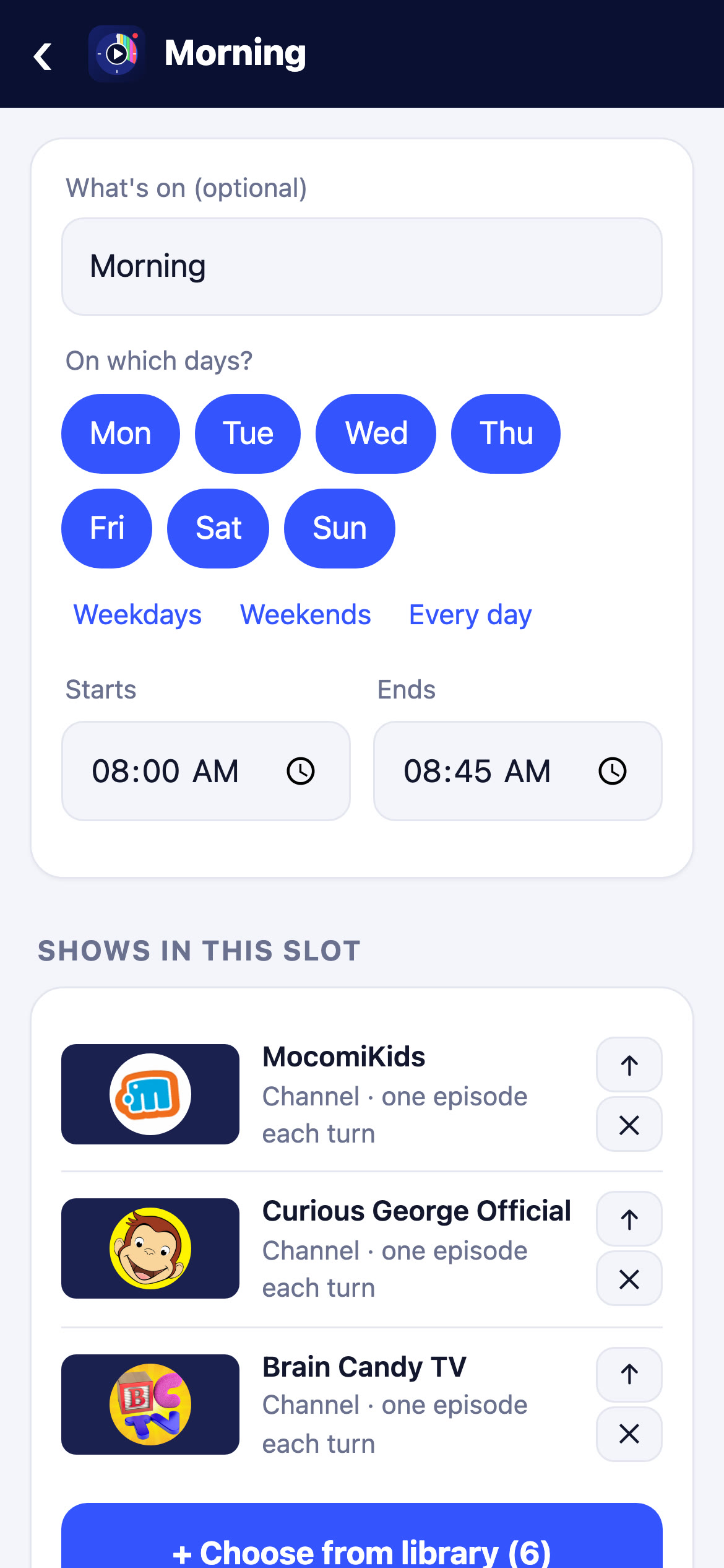 Setting a time slot: days of the week, start and end time