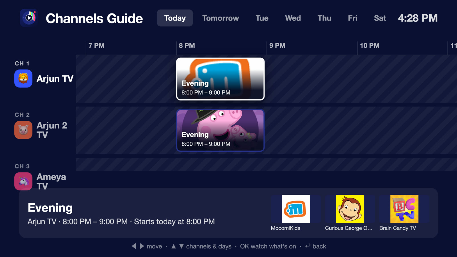 The Channels Guide on the TV, showing what's on, what's next and when each channel is back
